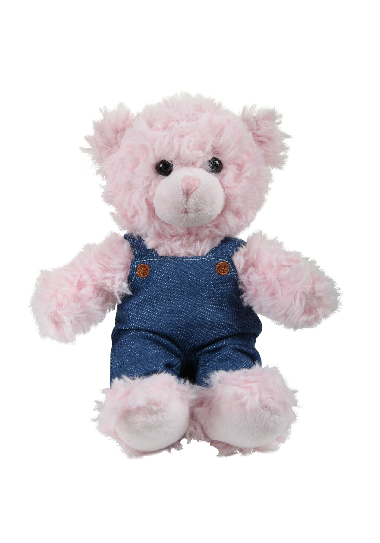 soft plush  Pink Curly Sitting Bear in denim overall