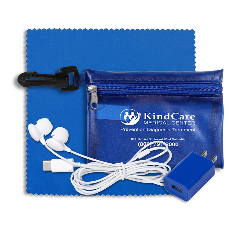 “TechClear” Mobile Tech Accessory Kit in Translucent Carabiner Zipper Pouch Components inserted into 9