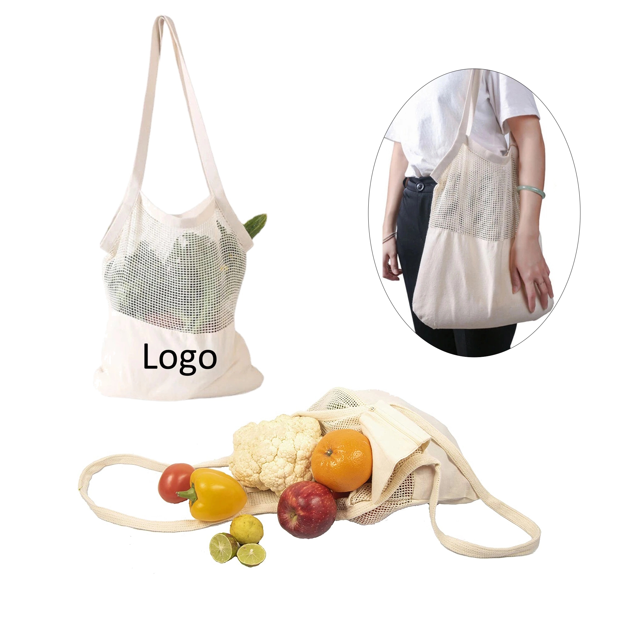 Cotton Mesh Net Bag with Handles, custom tote bag with logo imprint 2