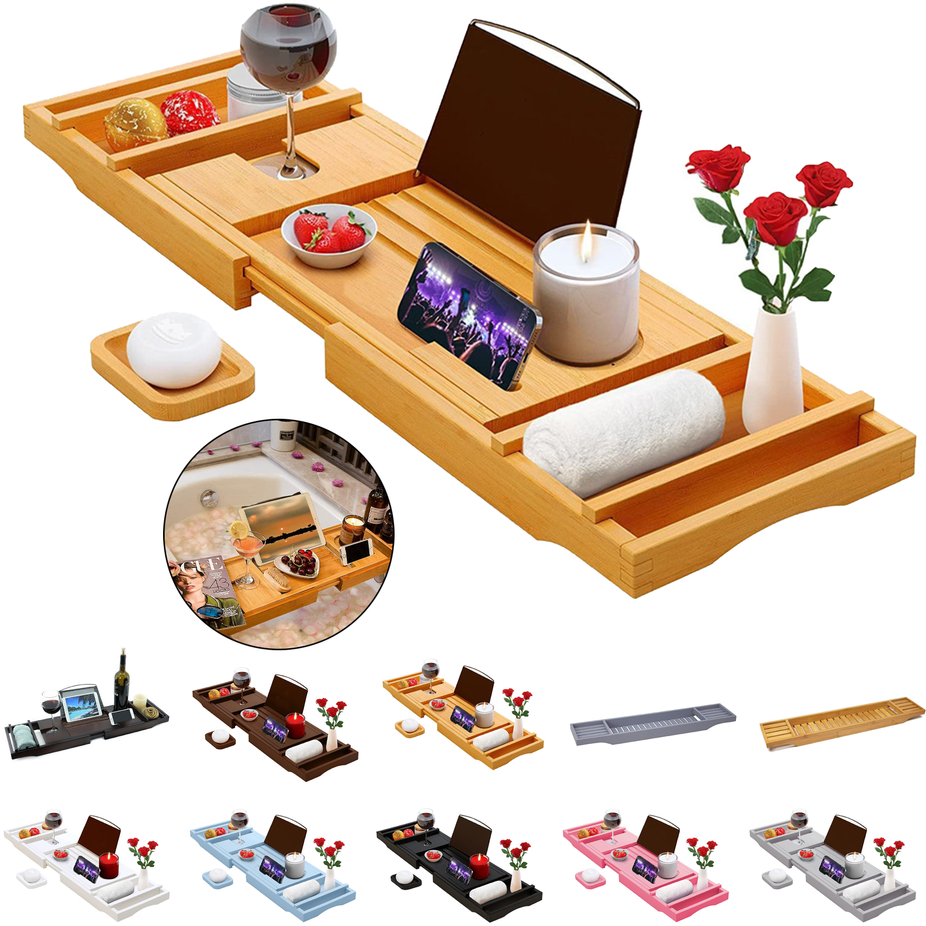 Adjustable Wood Luxury Bathtub Caddy Tray 2