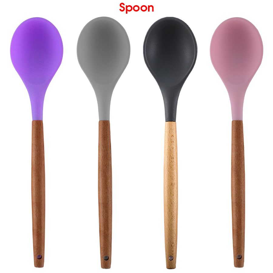 Silicone Cooking or Serving Utensil with Wooden Handle – Sold Individually or as a Set 18
