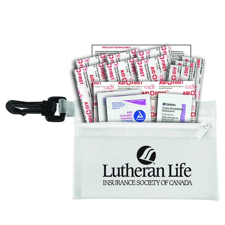 "TROUTDALE PLUS" 14 Piece First Aid Kit in Translucent Zipper Kit with Plastic Carabiner Attachment 4