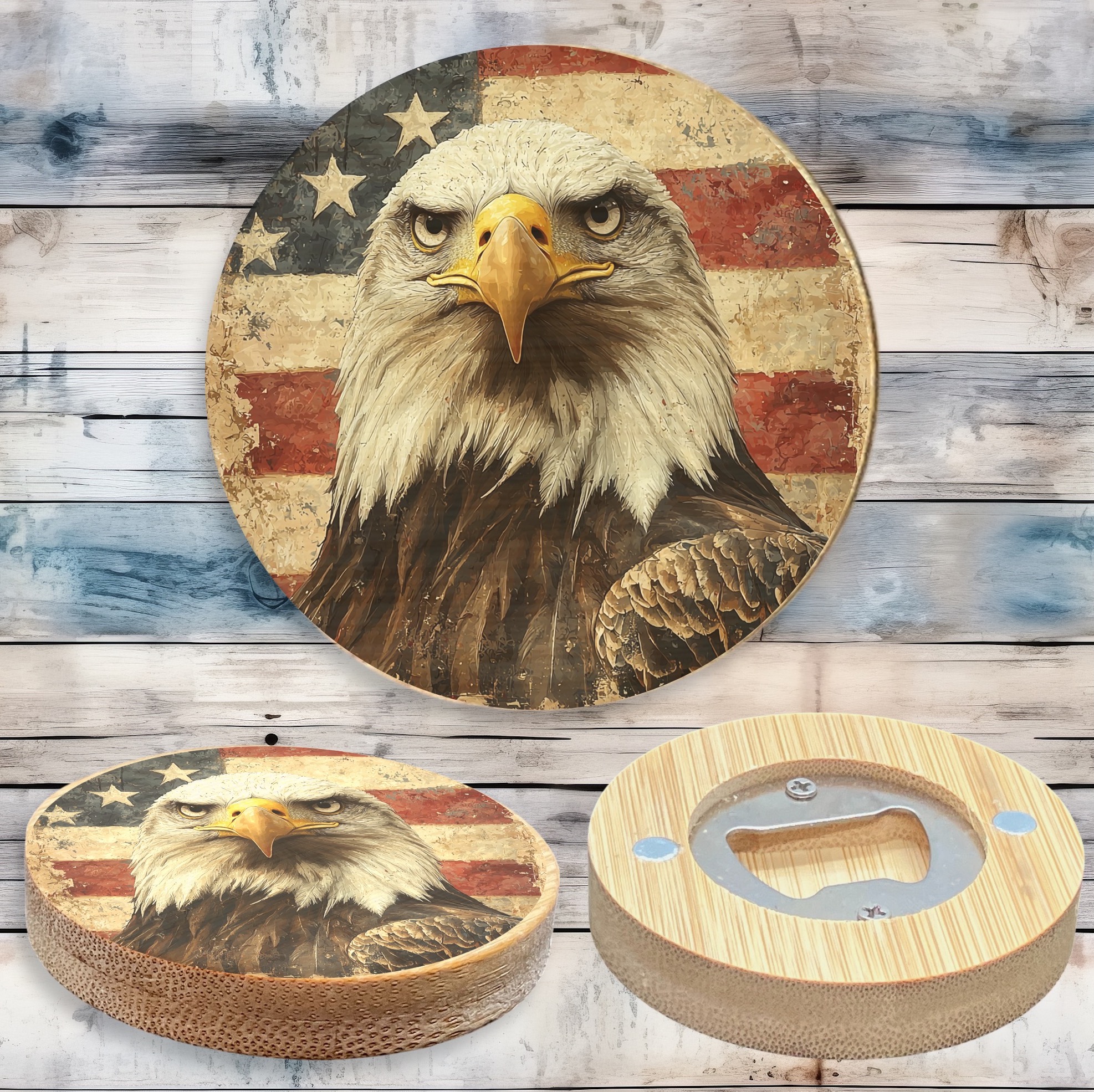 2.5" Round BAMBOO Bottle Opener Magnet 1