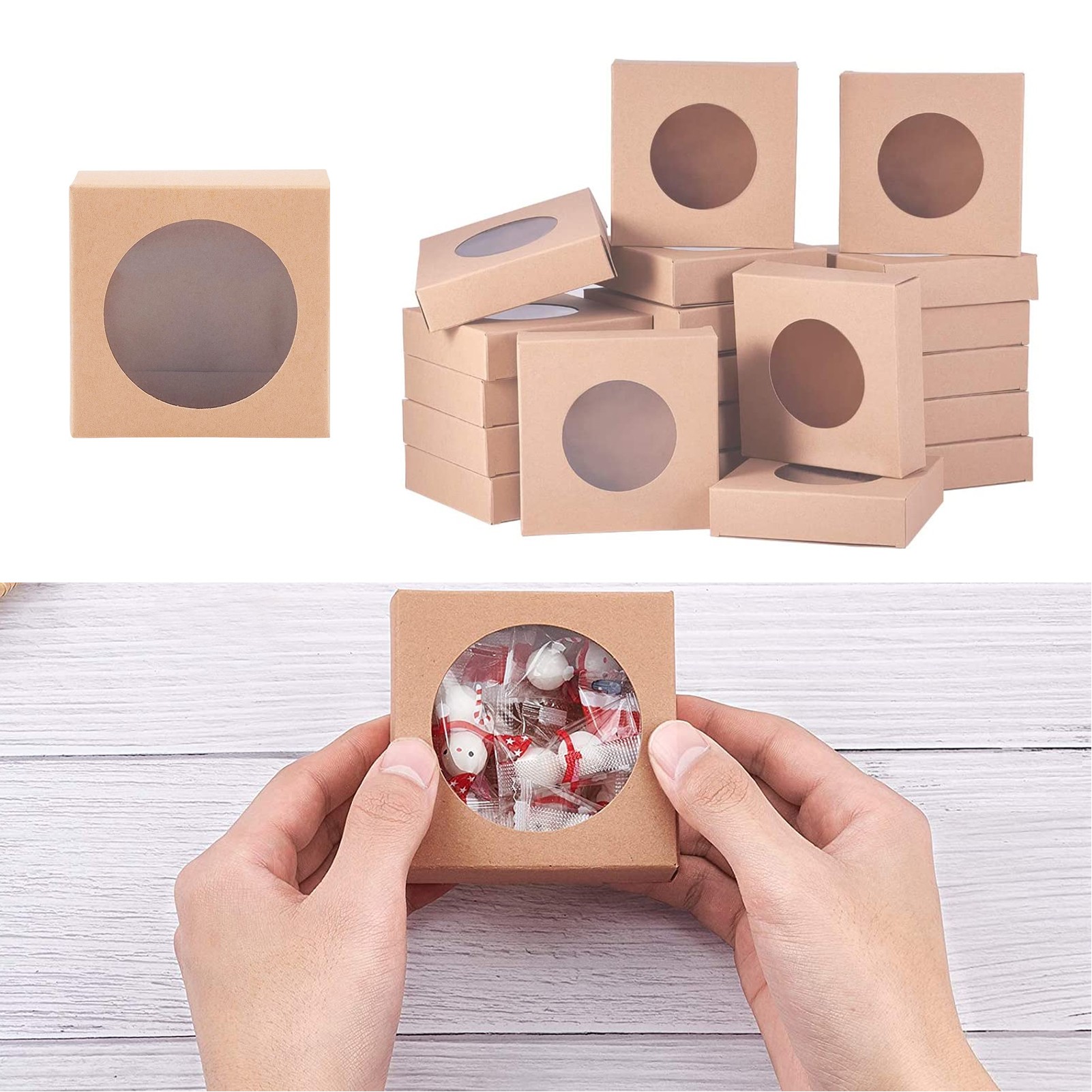 3 x 3 x 1.2 Inches Round Clear Window Kraft Square Paper Box 2