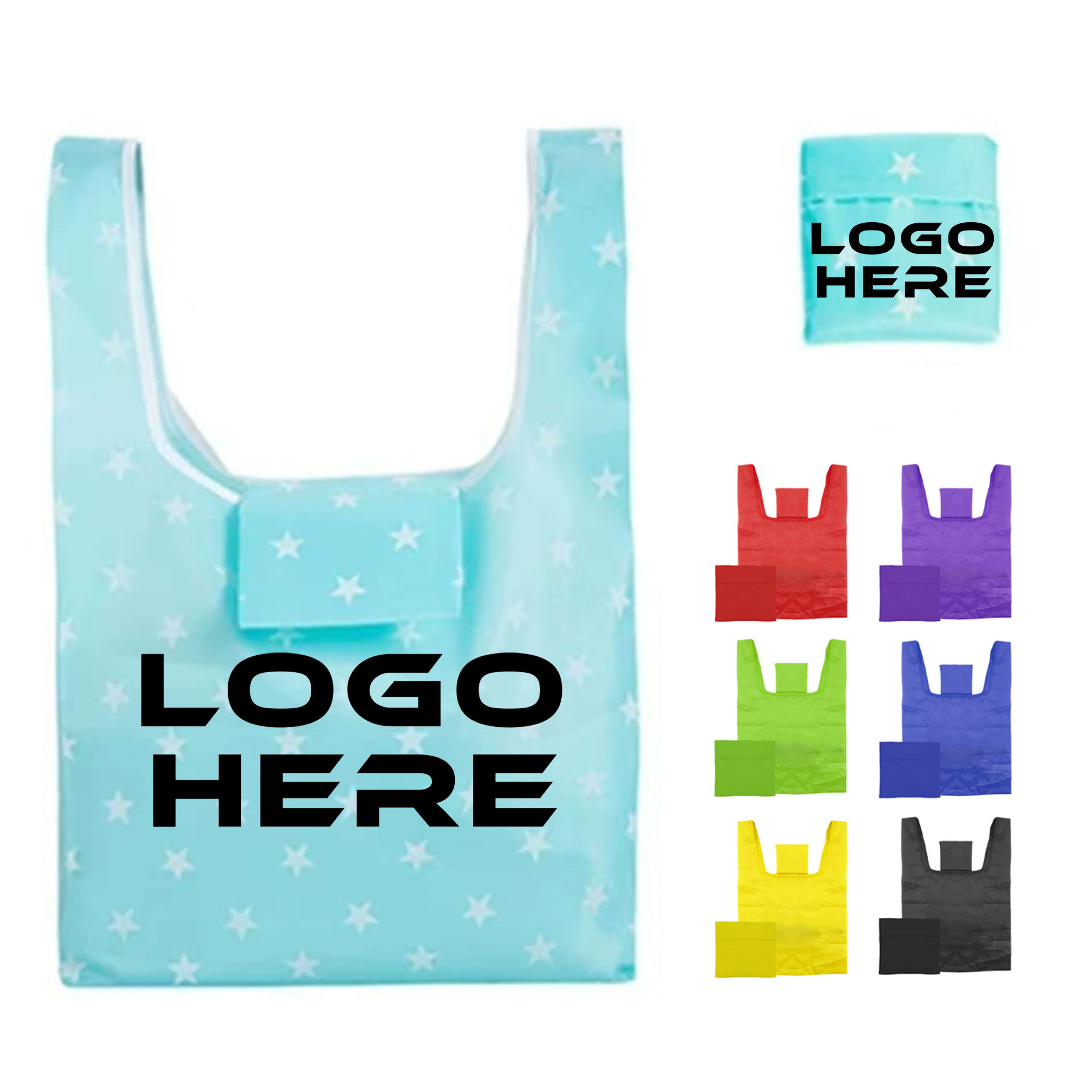 Compact Colorful Foldable Grocery Bag With Pocket, custom tote bag with logo imprint 2