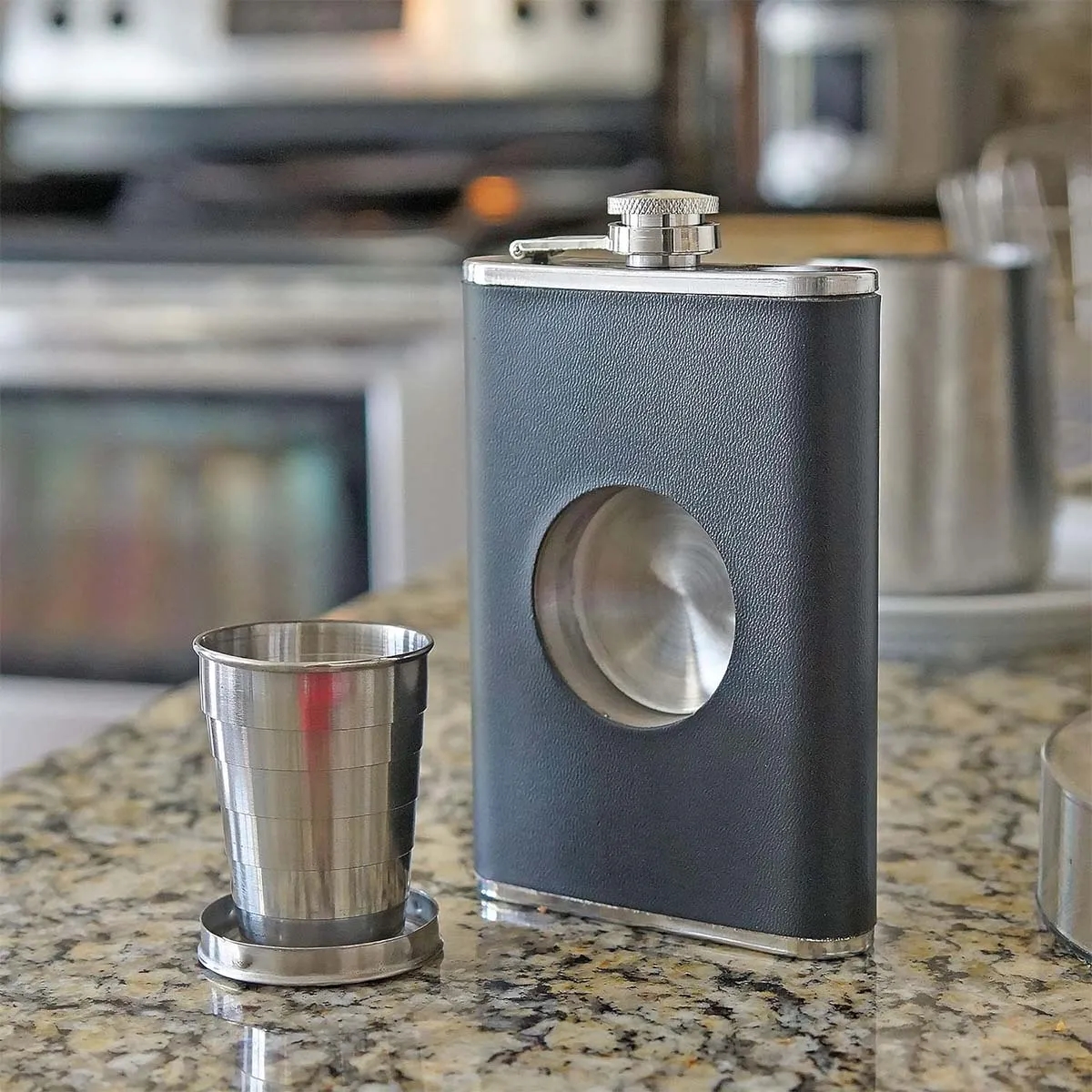 8oz Portable Hip Flask with Built In Collapsible Shot Glass, custom water bottle with logo imprint 4