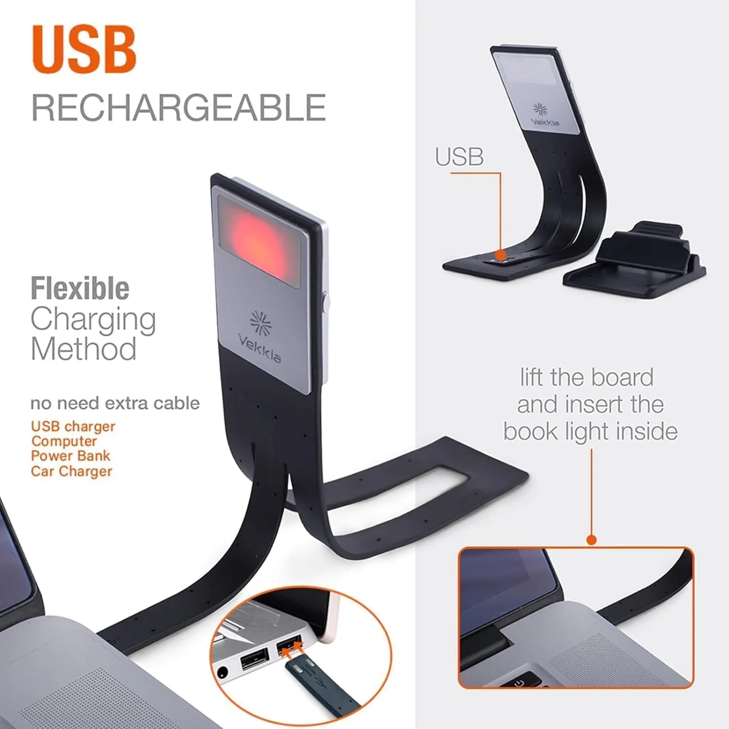 Built-in USB Cable Clip on Reading Bookmark Light 3