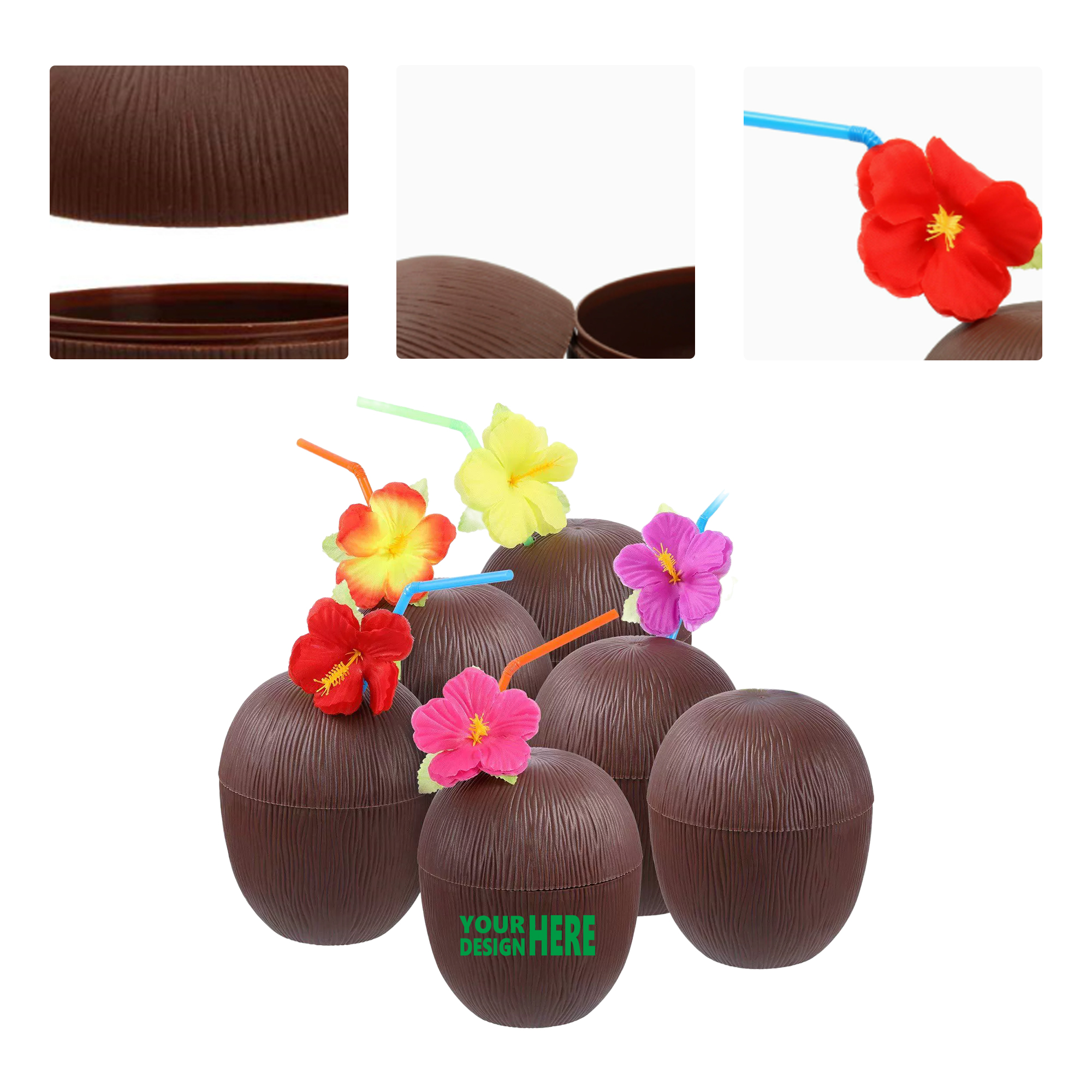 MOQ 50 Hawaiian Party Coconut Cup Pine Cup with Hibiscus Flower Straw 1