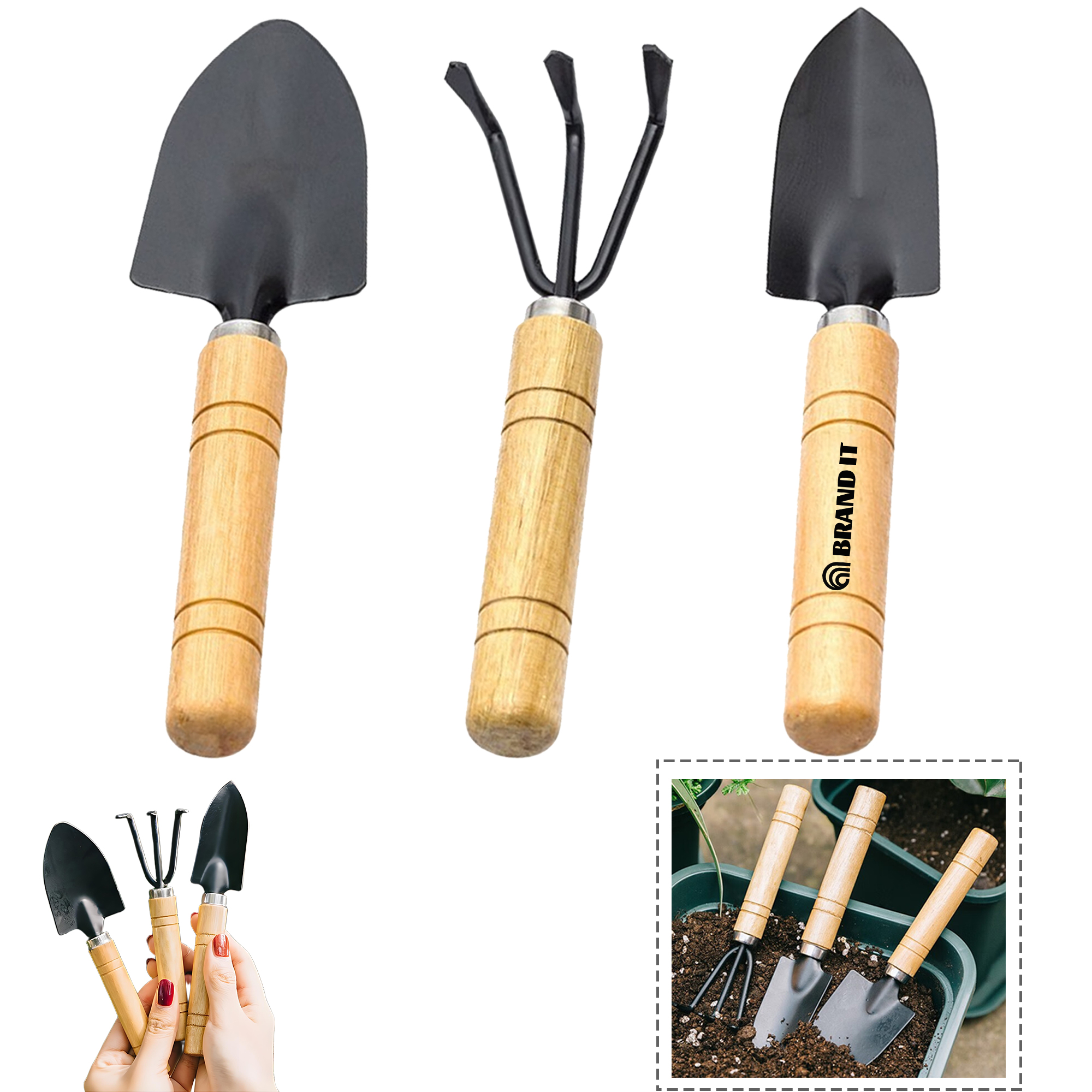 Mini Shovel Rake Spade Wooden Handle Garden Tool Set 3