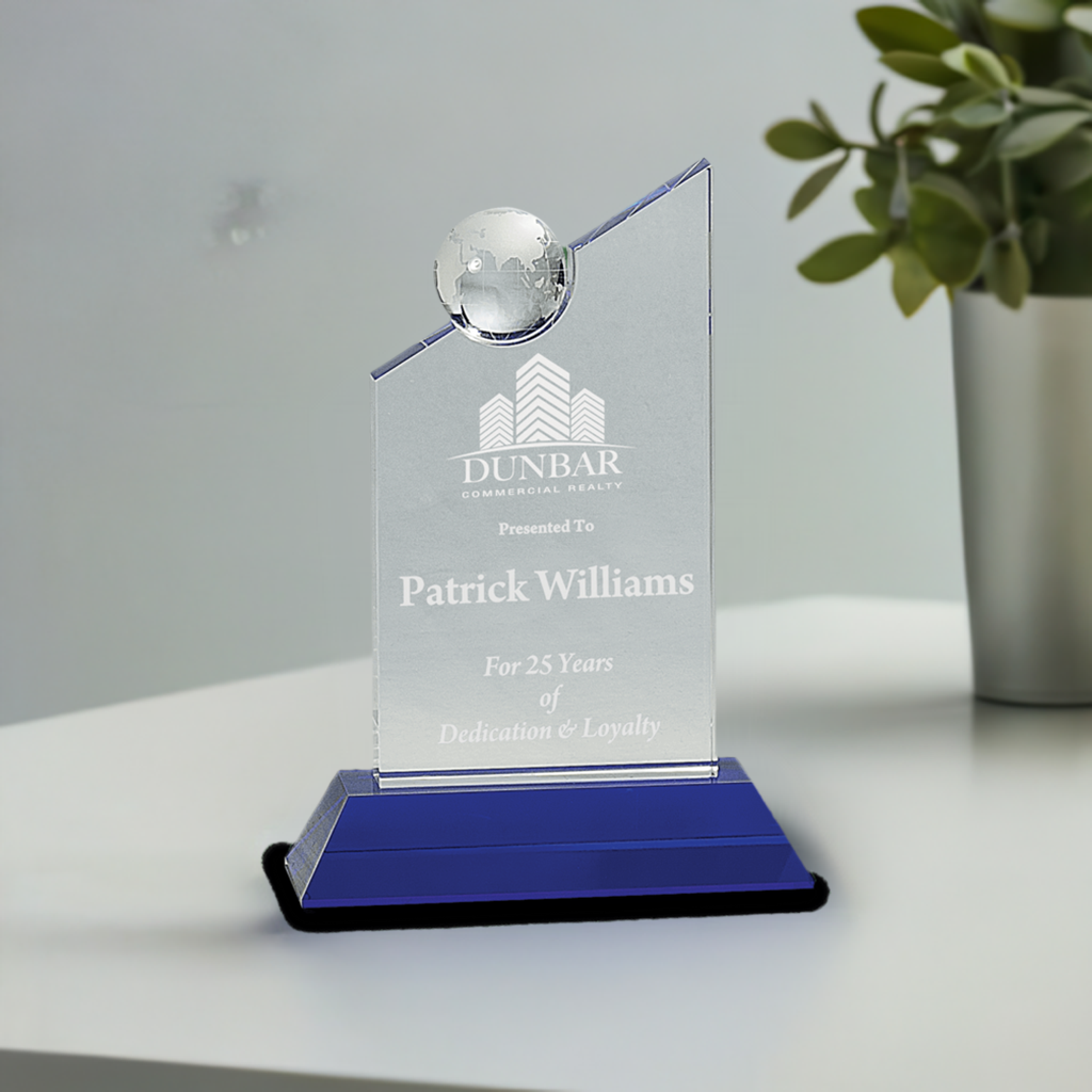 8.25" Clear Crystal With Inset Crystal Globe And Blue Base 3