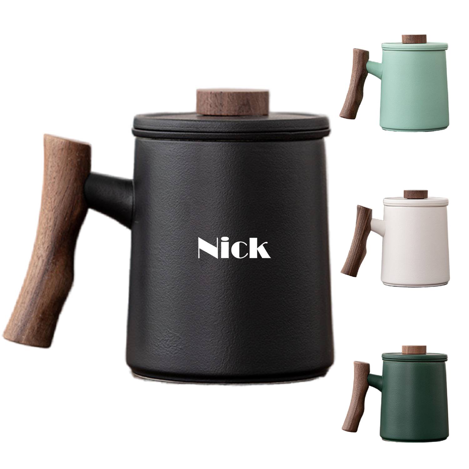 Ceramic Mug Customized with Walnut Handle Lid 1