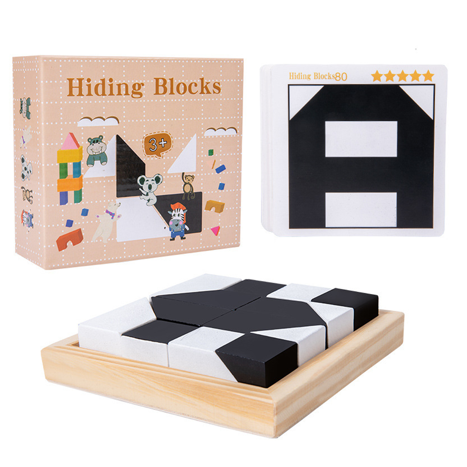 Wooden Educational Puzzle Blocks Toy w/ Storage Tray 4