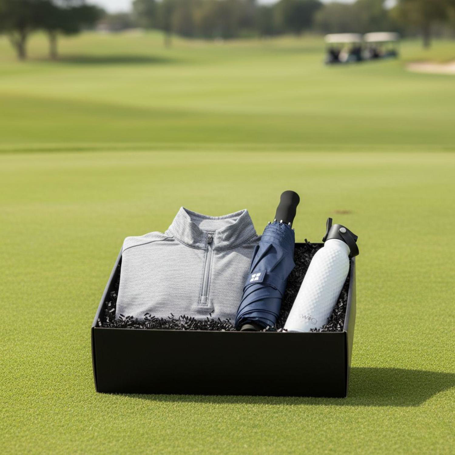 20 oz SWIG® Golf Flip & Sip SS Water Bottle, PGA TOUR® Men's Golf Polo & Weatherman® Umbrella Gift Set 2