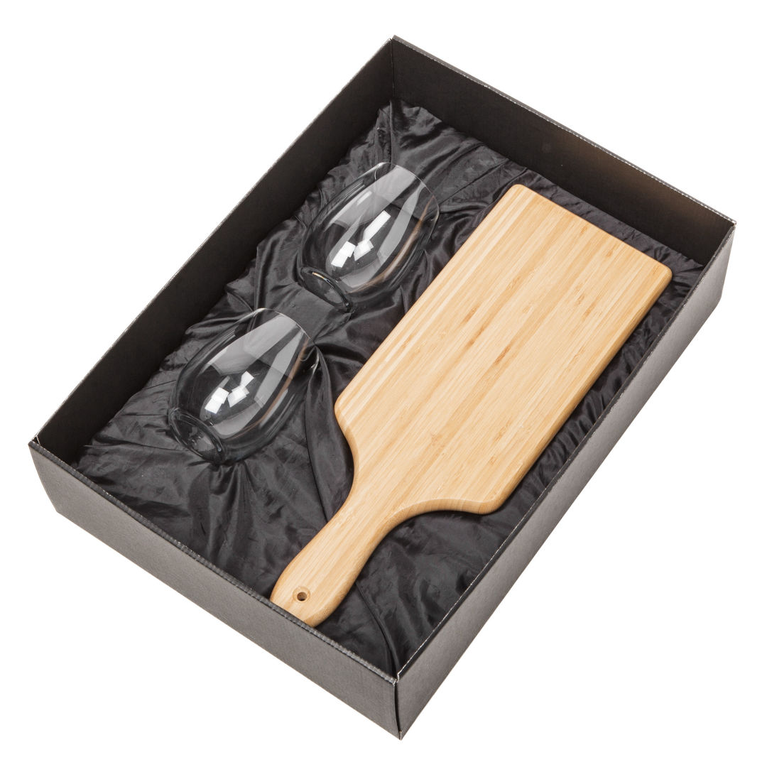 Swissmar® Bamboo Board & 2 Carlita Stemless Wine 2