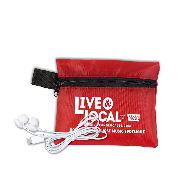 Mobile Tech Earbud Kit In Zipper Pouch Components inserted into Polyester Zipper Pouch 8
