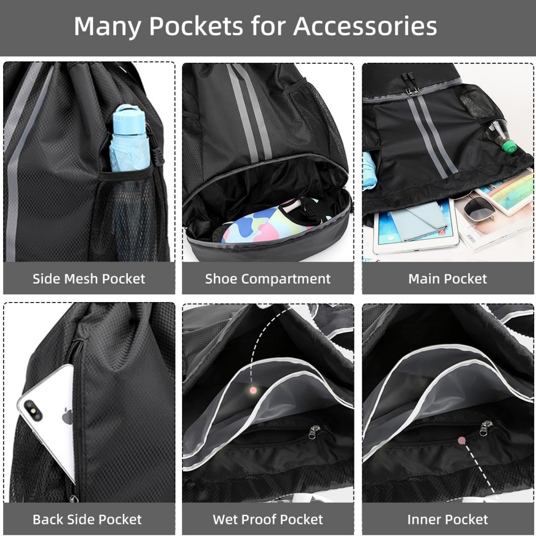 Sports Drawstring Backpack with Side Mesh Pockets and Shoes Compartment 4