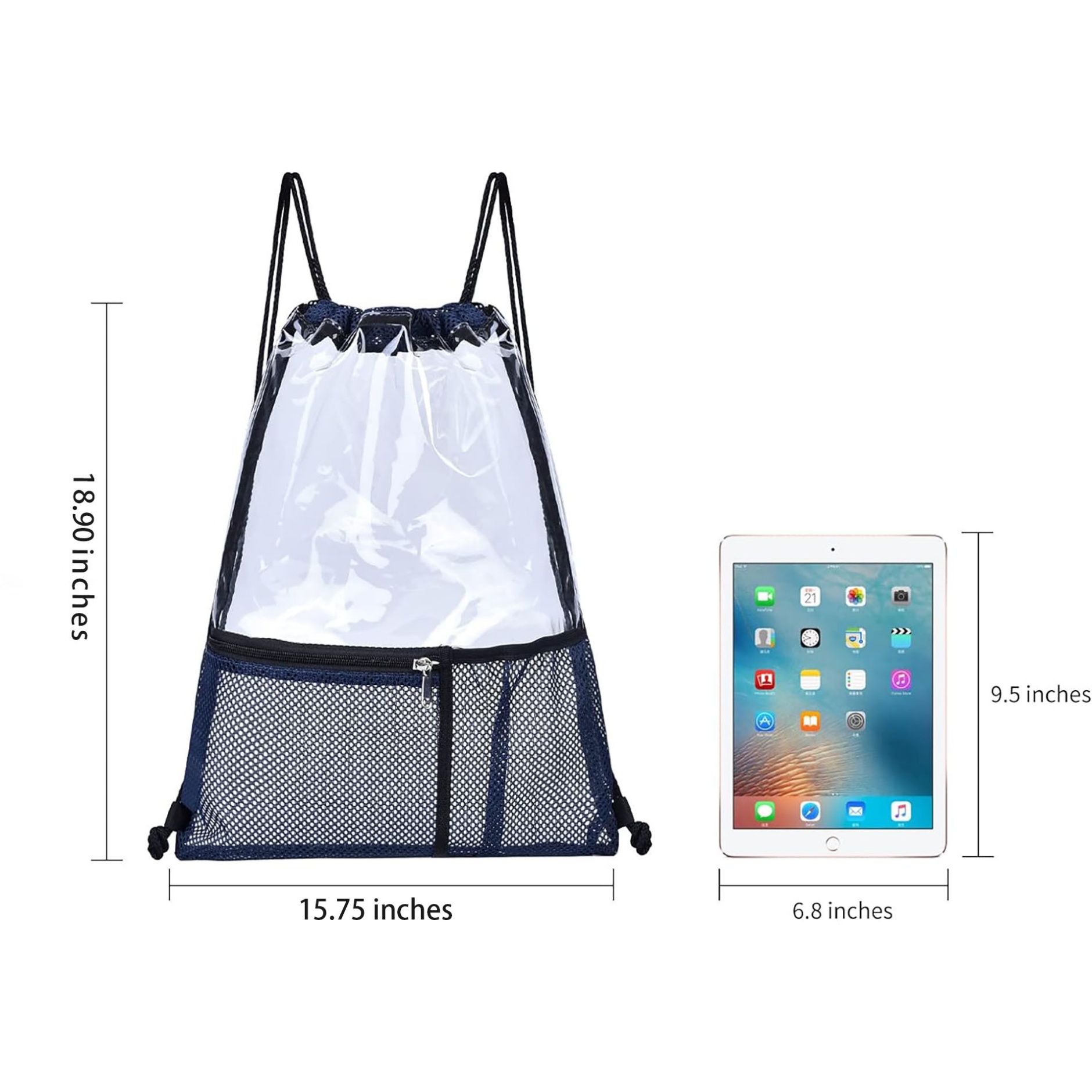 Clear PVC Drawstring Backpack Bag with Front Zipper Mesh Pocket 6