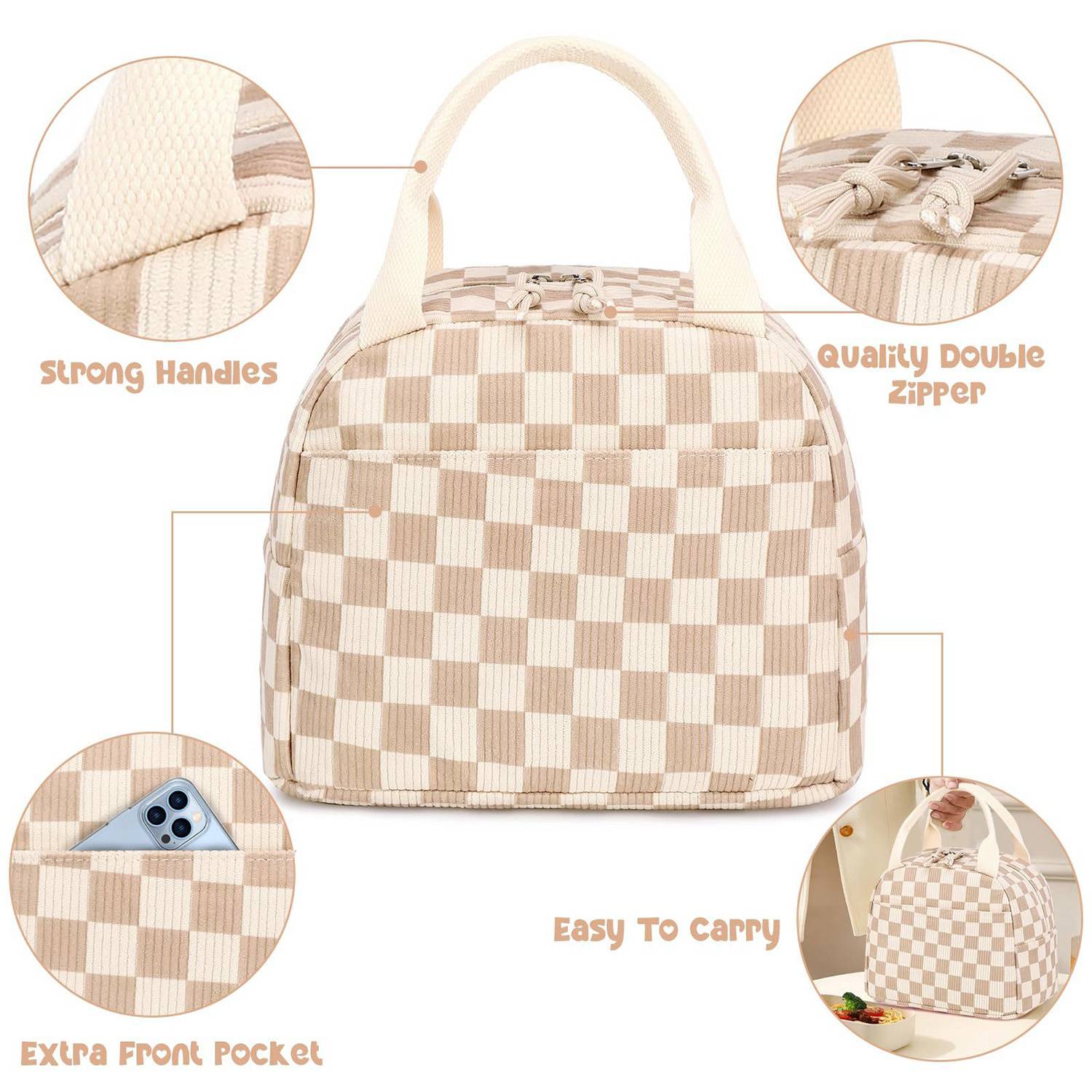 10L Plaid Corduroy Lunch Cooler Bag for Travel Picnic 4