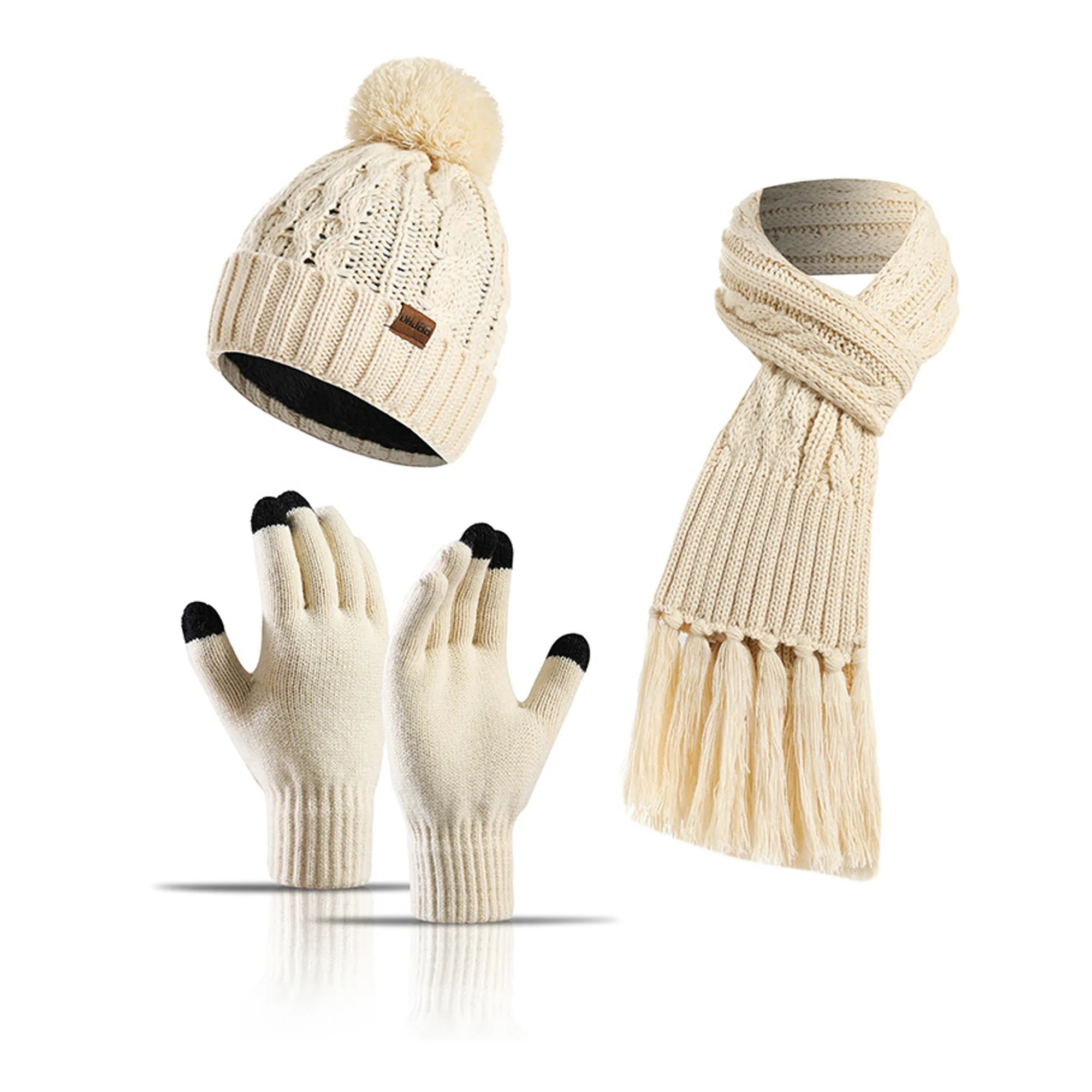 3 Piece Cable Knitted Hat Gloves & Scarf Winter Set 4