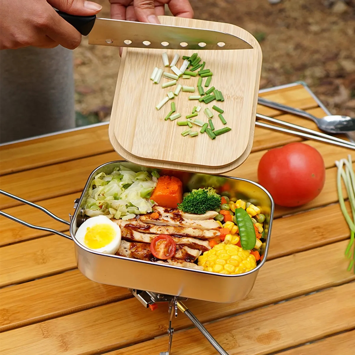 Stainless Steel Camping Bento Box with Foldable Handle 2