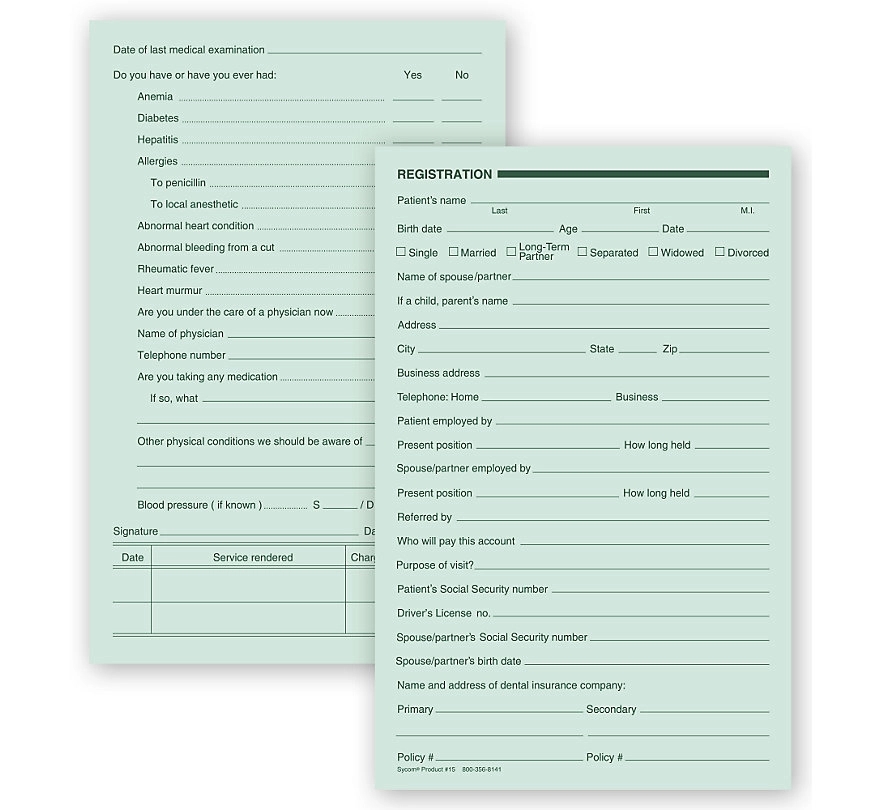 Dental Registration Forms, Two - Sided, Green Ledger 1