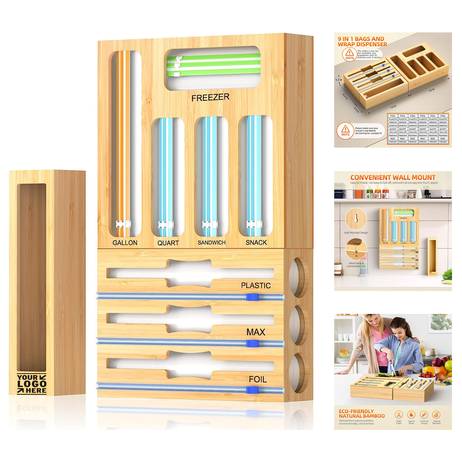 9 IN1 Kitchen Drawer Bamboo Foil Plastic Wrap Dispenser Ziplock Bag Storage Organizer