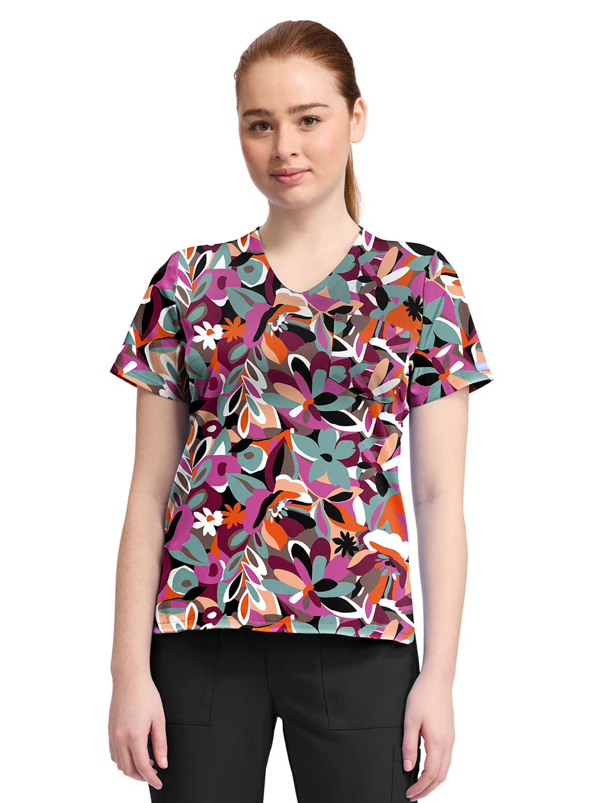 Cherokee - Genuine - Women's 1-Pocket Print High-Low V-Neck Scrub Top 4