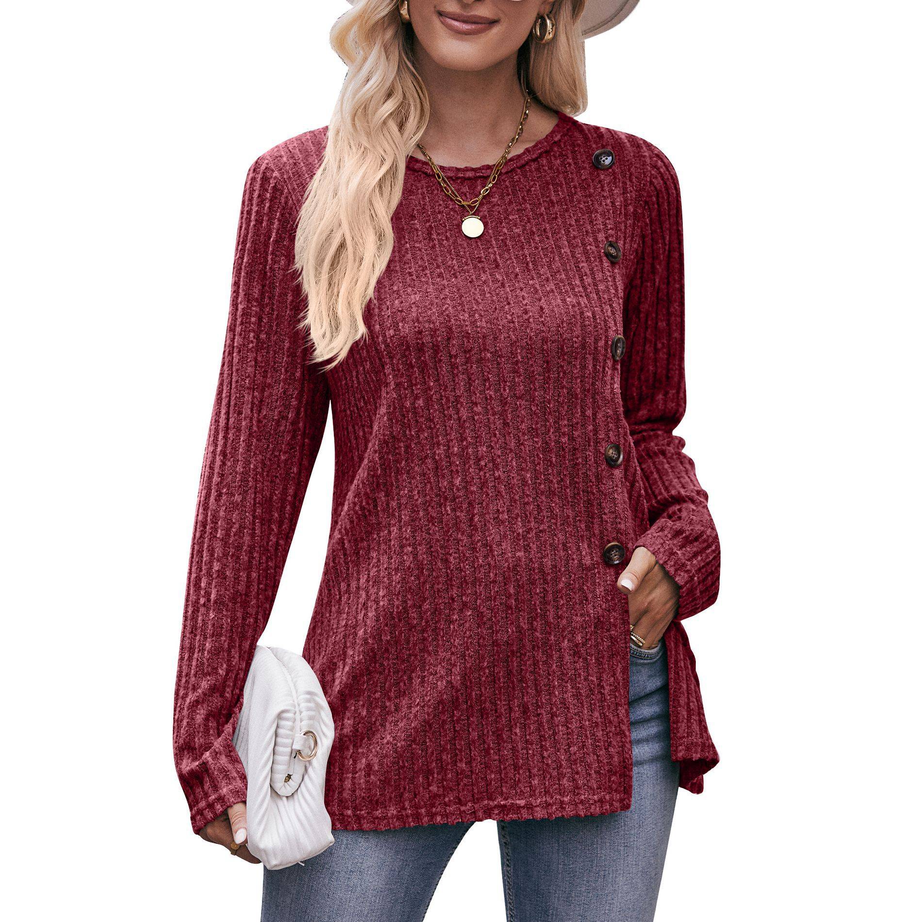 Women's solid color slit button T-shirt 10