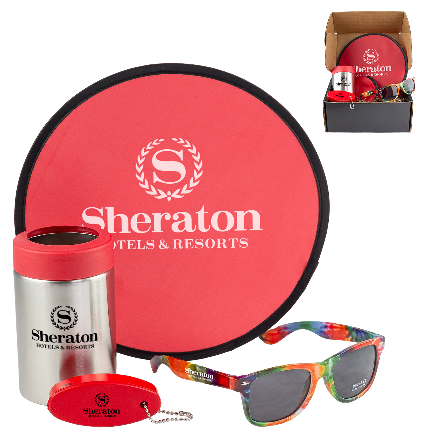 Beach Day Kit with Can Holder, Tie-Dye Shades & Floating Keychain 1