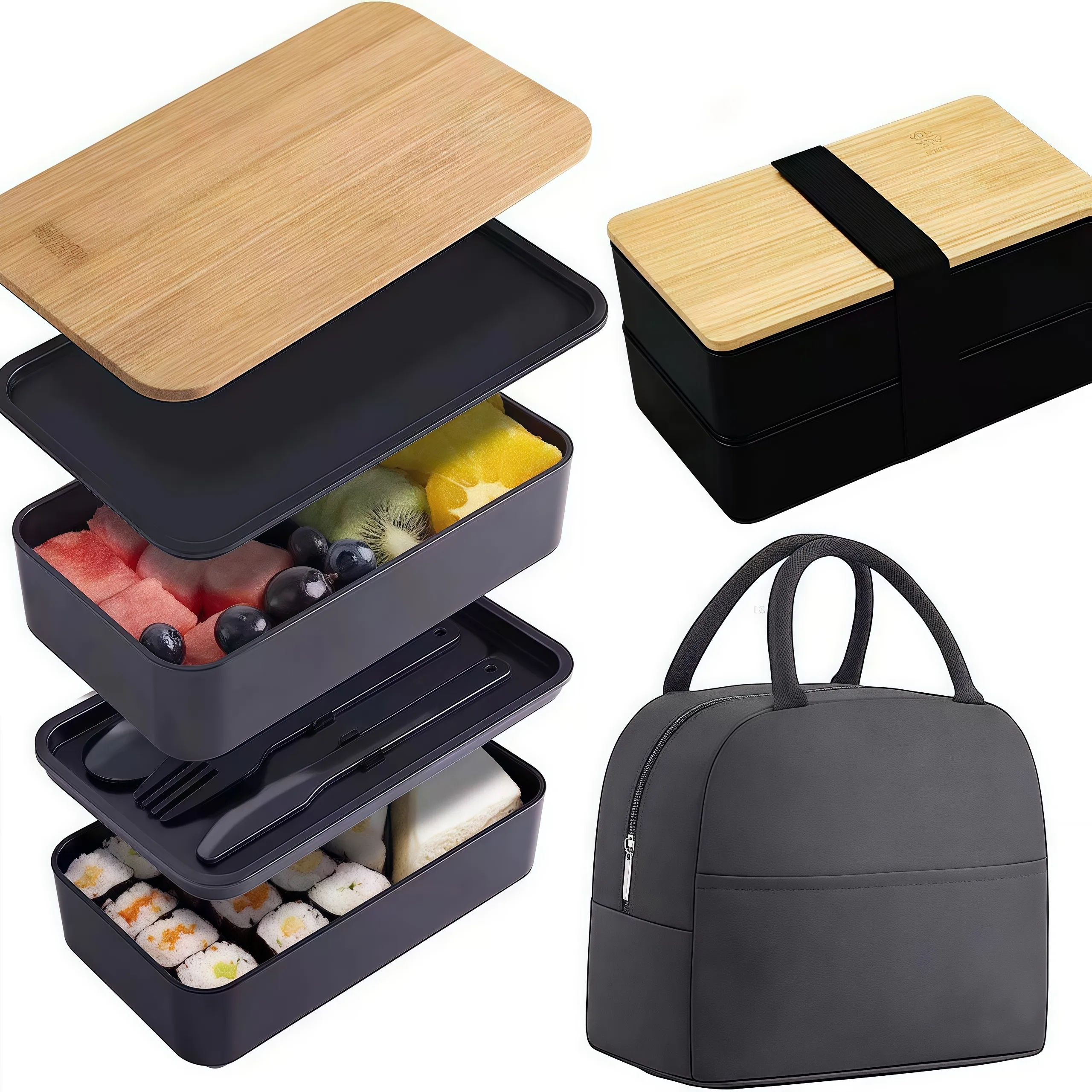 Bamboo-Lid Double-Layer Bento Box 1