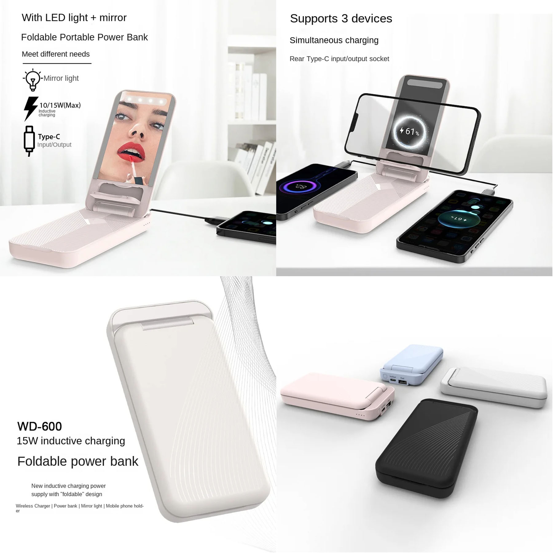 Foldable Wireless Charging 10000 MAh  Power Bank With Mirror 1