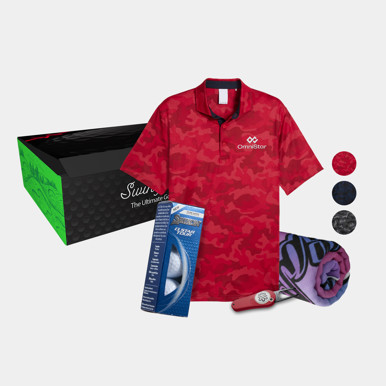 PUMA® Volition Camo Men's Polo Shirt, Towel, Srixon® Golf Balls & Pitchfix® Icon Divot Tool Gift Set 4