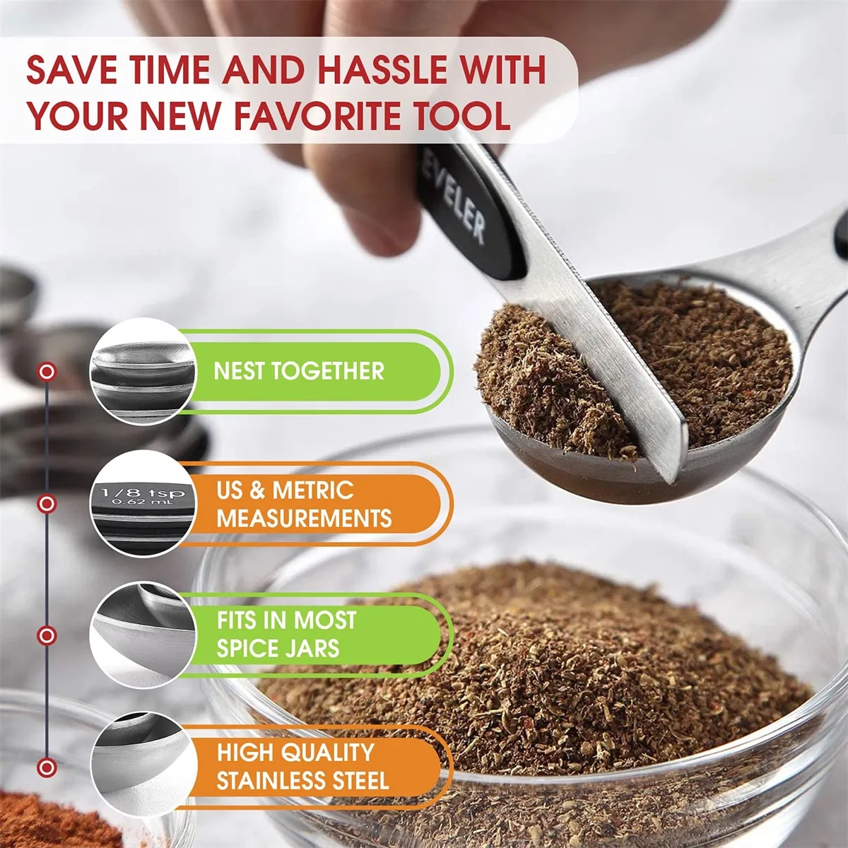 Set of 8 Stainless Steel Magnetic Measuring Spoons 4