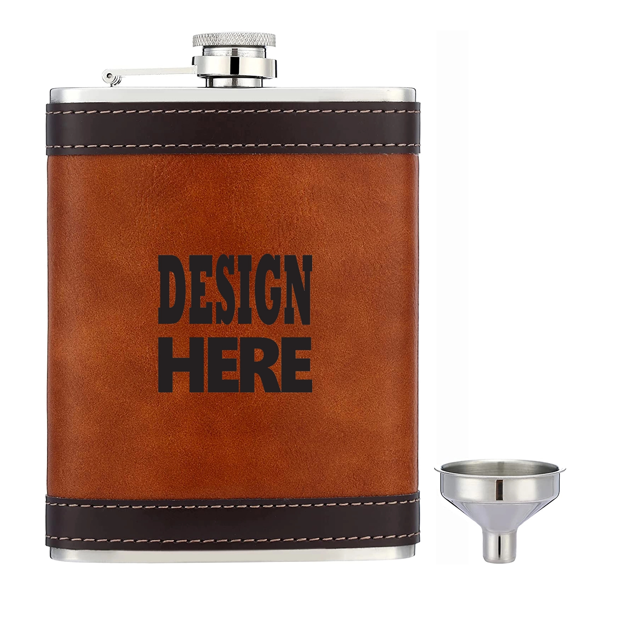 Stainless Steel Hip Flask Wrapped Brown Leather