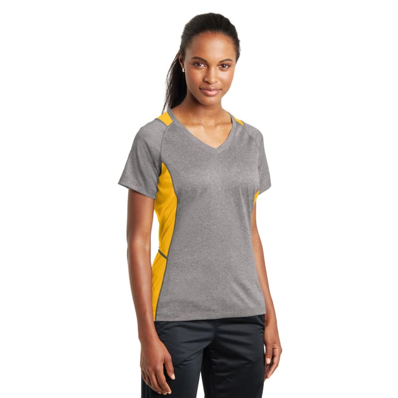 Sport-Tek Women's Heather Colorblock Contender V-Neck Tee. 17