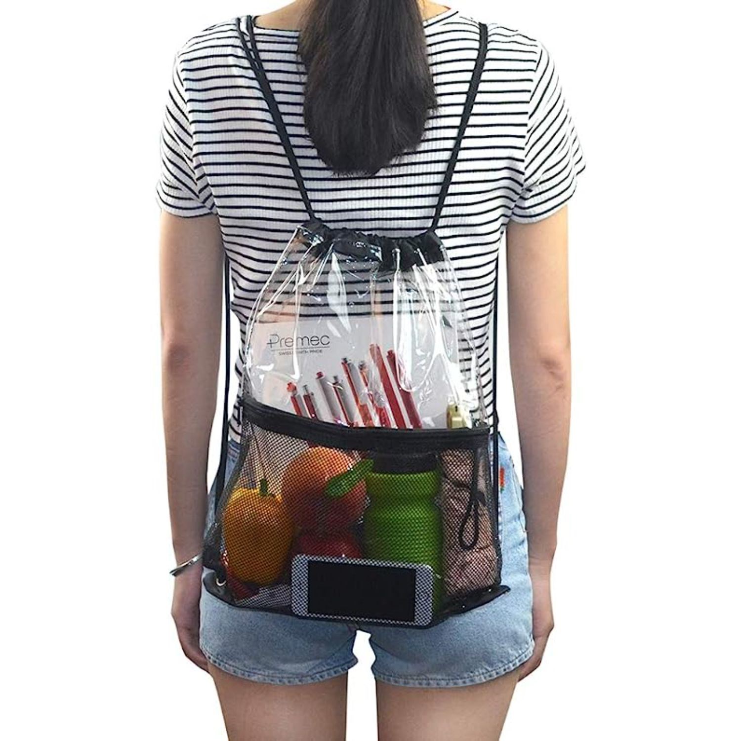 Cinch Sacks Backpack Clear PVC Drawstring Bag with Front Zipper Mesh Pocket 13