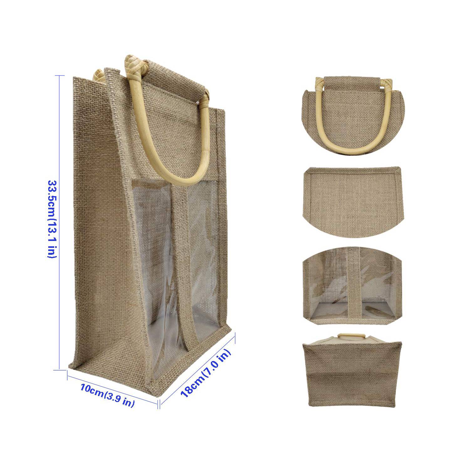 Wine Burlap Jute Tote Bag with Bamboo Handle 2