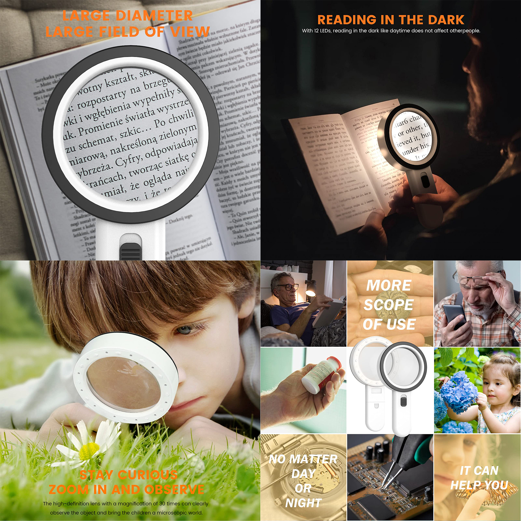 30X Handheld Large Magnifying Glass 12 LED 2