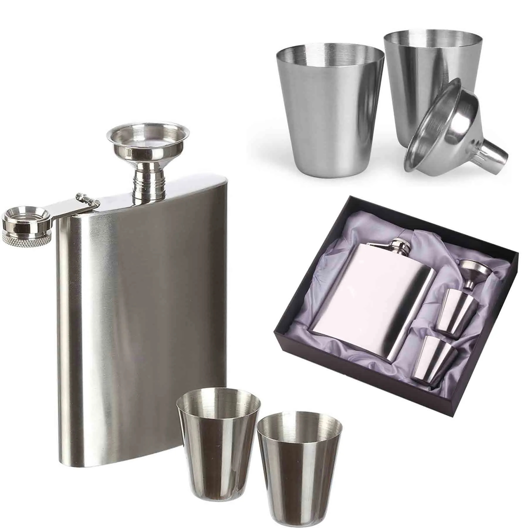 Silver Stainless Steel Leak Proof Hip Flask Set 3