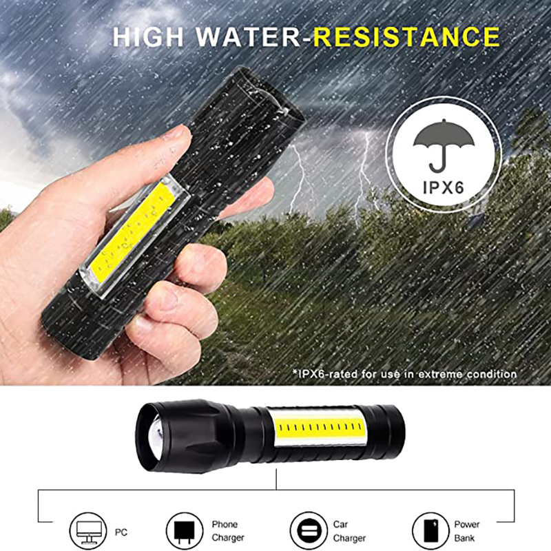 USB Rechargeable LED Flashlight w/COB Side Lights 17