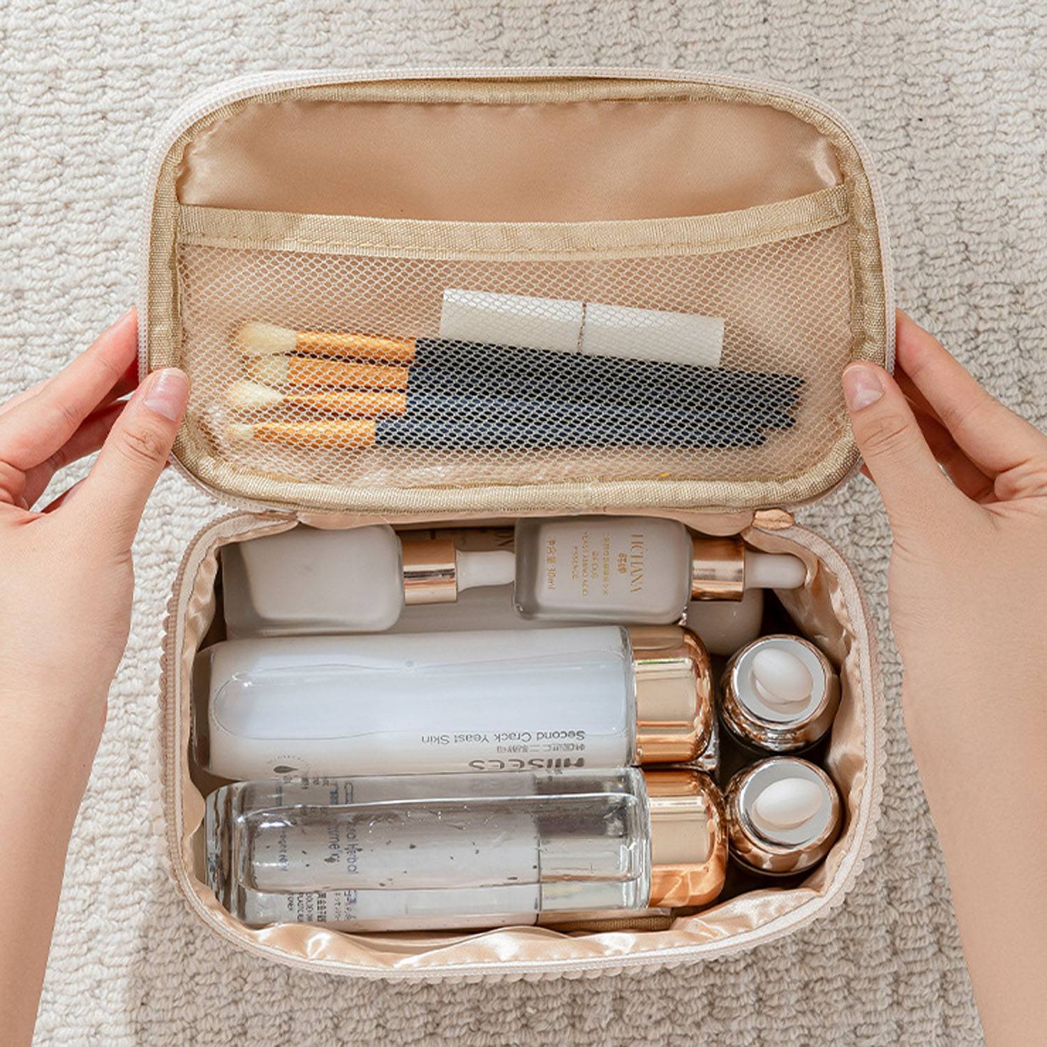 Large Capacity Corduroy Makeup Bag w/ Mesh Pocket 7