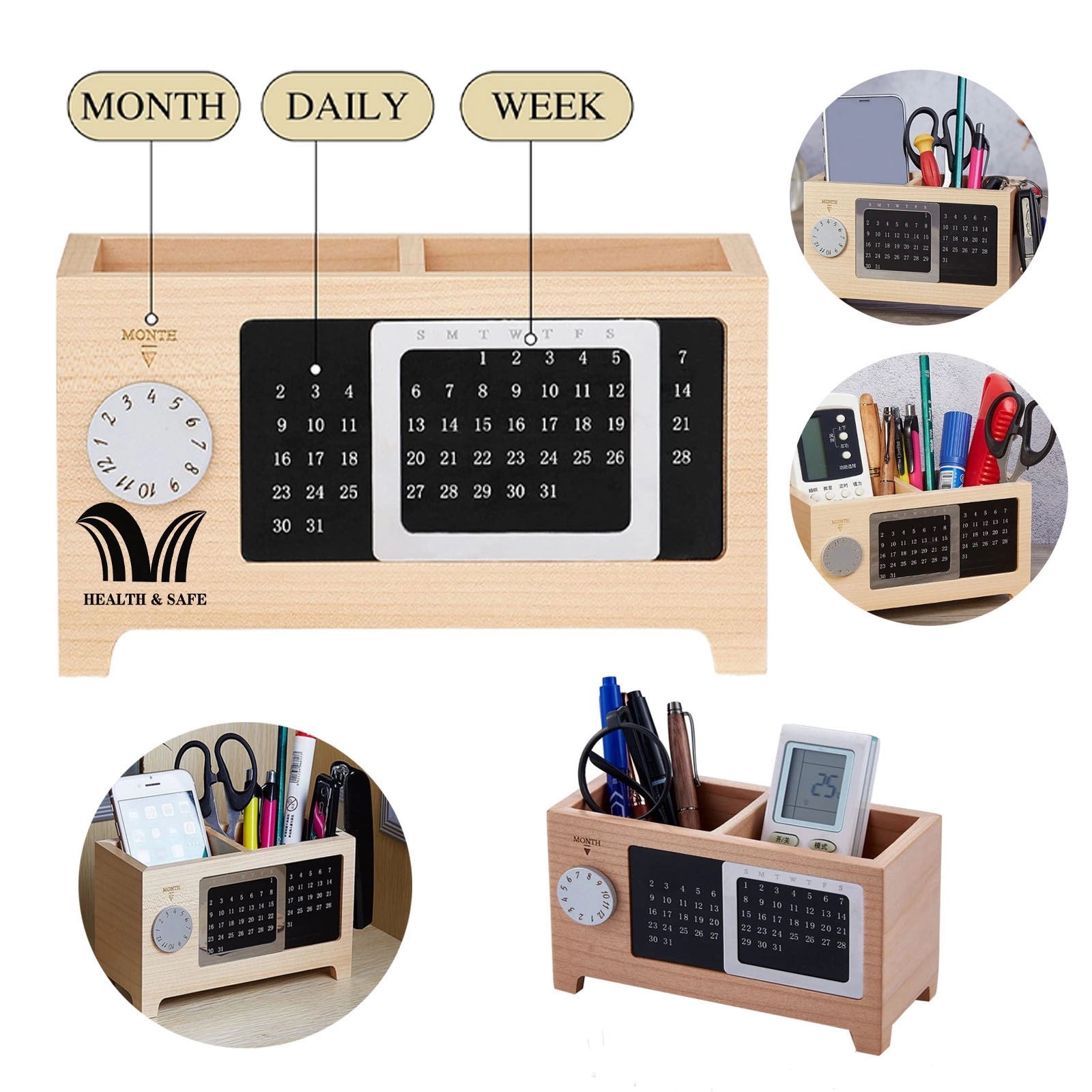 Wooden Perpetual Calendar Pen Holder Storage Box 2