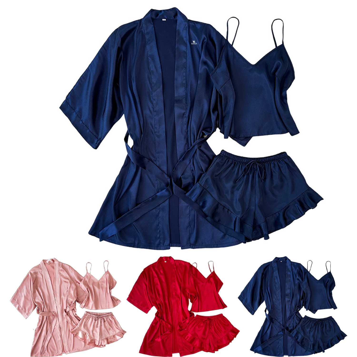 3 Piece Women Solid Color Sexy Silk Pajamas Set 1