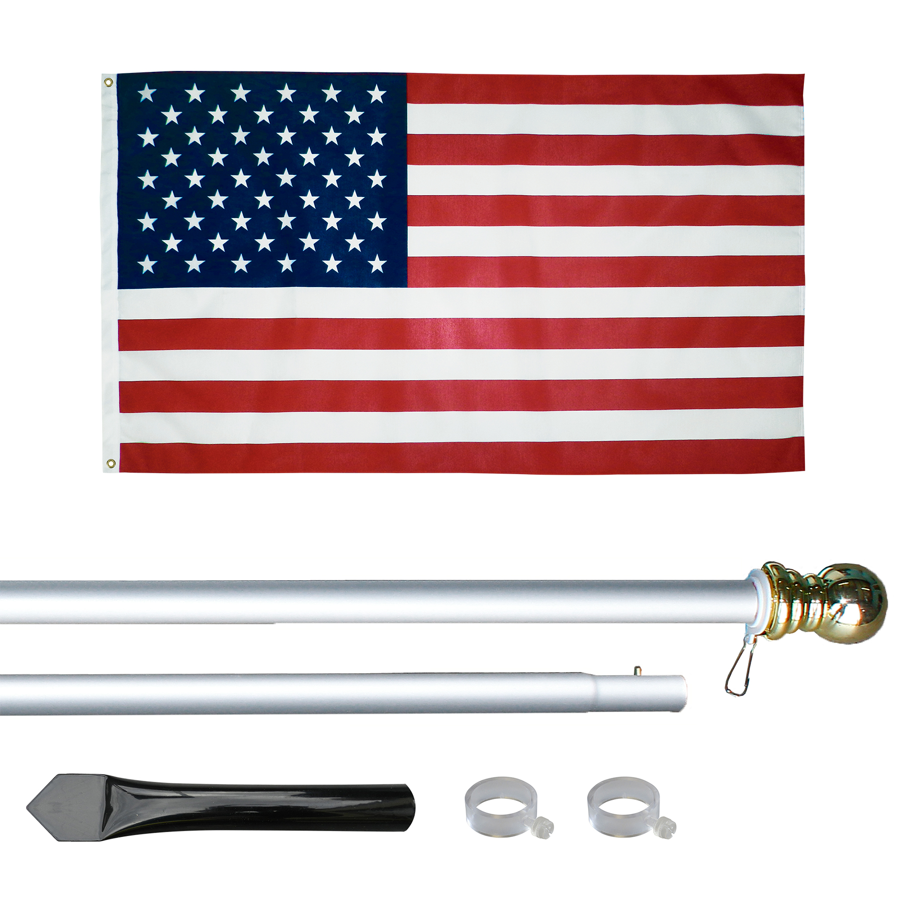 10' Silver Inground Economy Aluminum Display Pole w/ 3' x 5' Printed US Flag 1