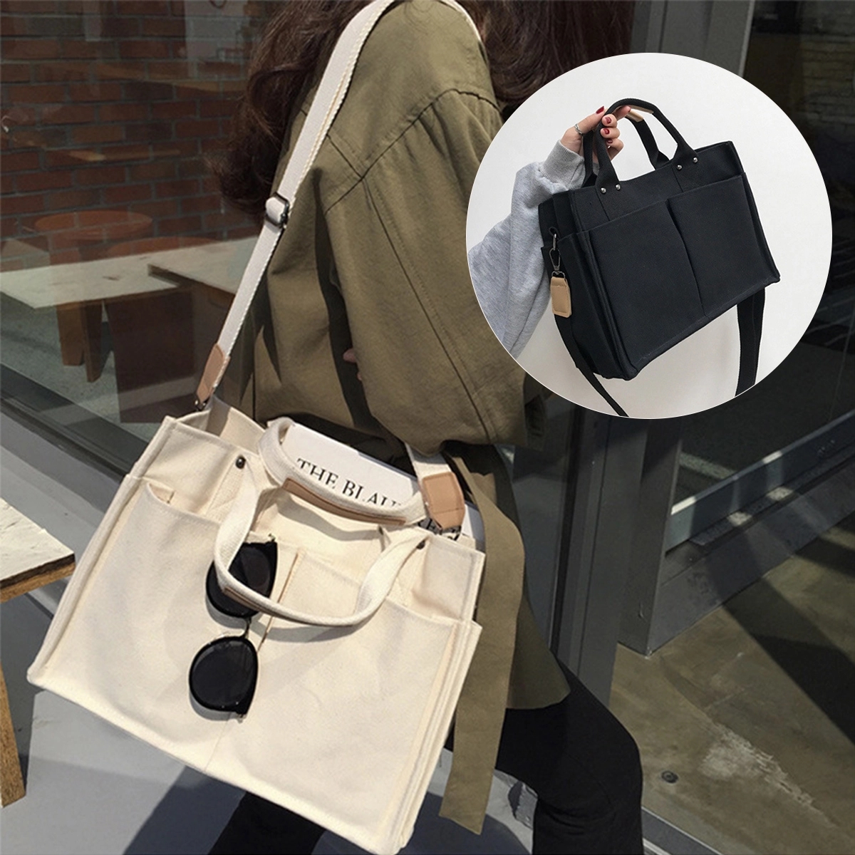 Multi Pocket Shoulder Canvas Tote Bag, custom tote bag with logo imprint 3