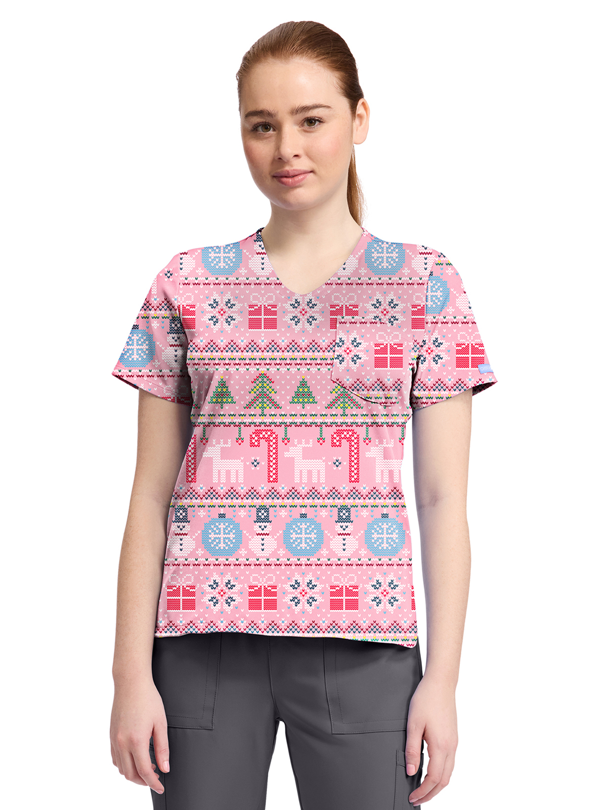 Cherokee - Genuine - Women's 1-Pocket Print High-Low V-Neck Scrub Top 5