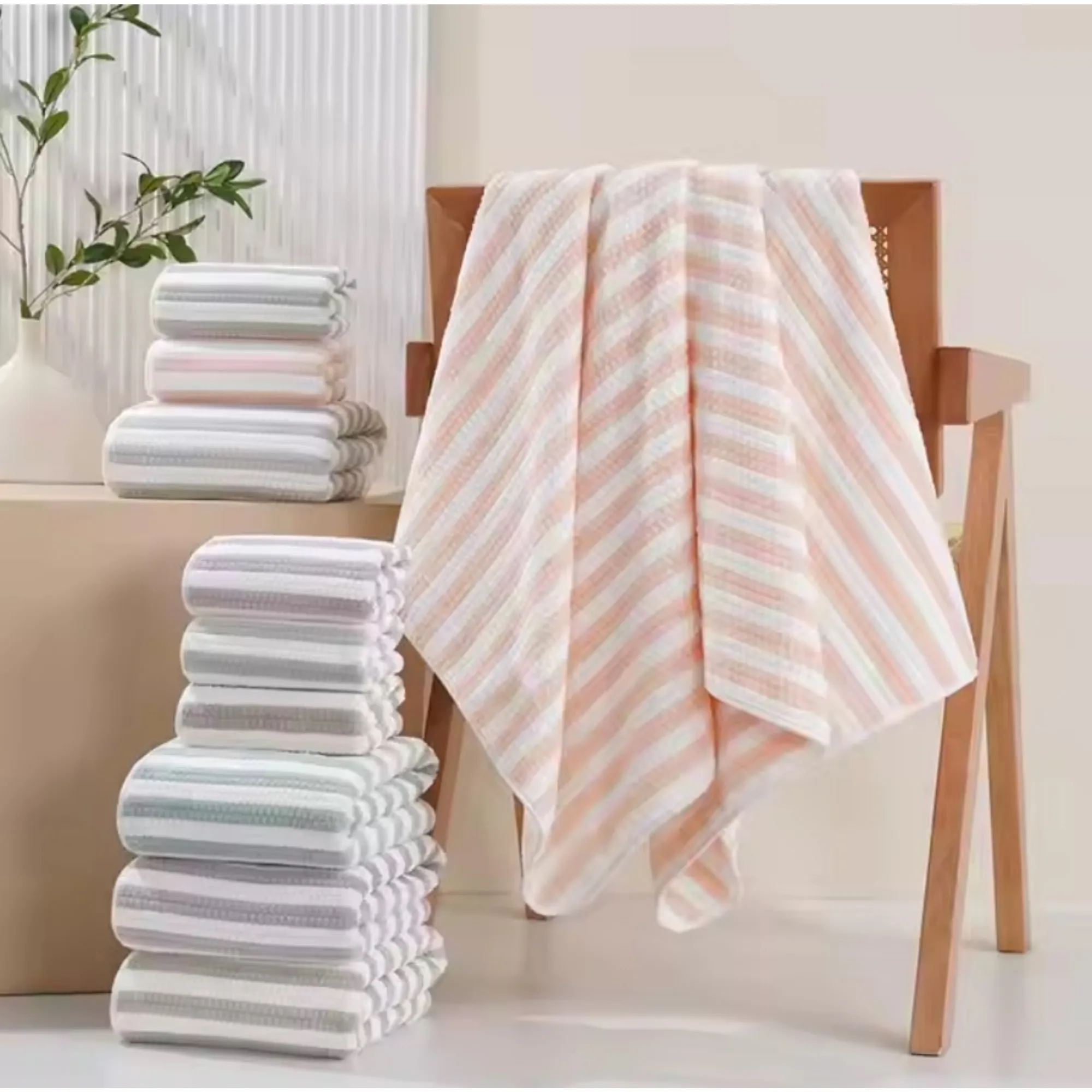 Soft Striped Coral Fleece Towel Ultra Absorbent 4