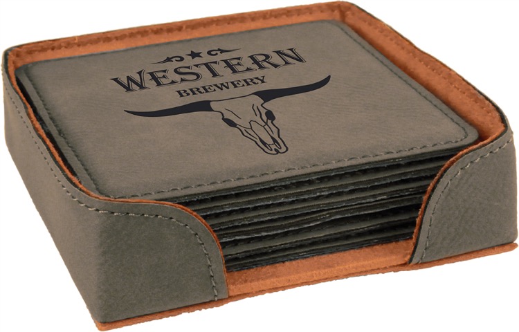 4" x 4" Gray Square Leatherette 6-Coaster Set 2