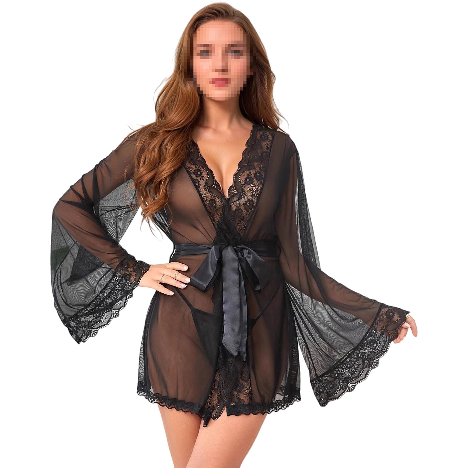 Women Long Sleeve Sheer Lace Nightgown Sleepwear 3