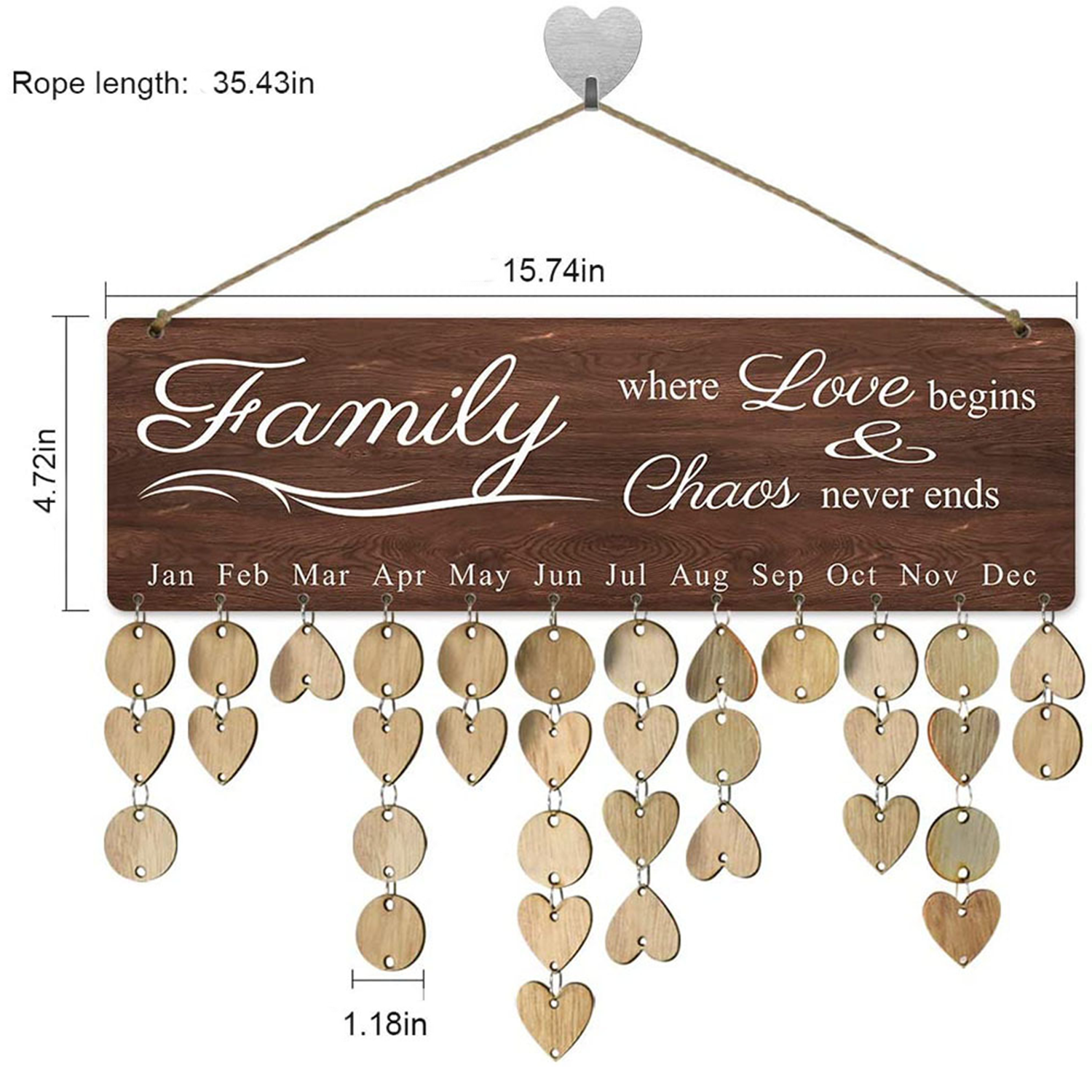 Wooden Hanging Family Birthday Calendar Board w/ Bells 8